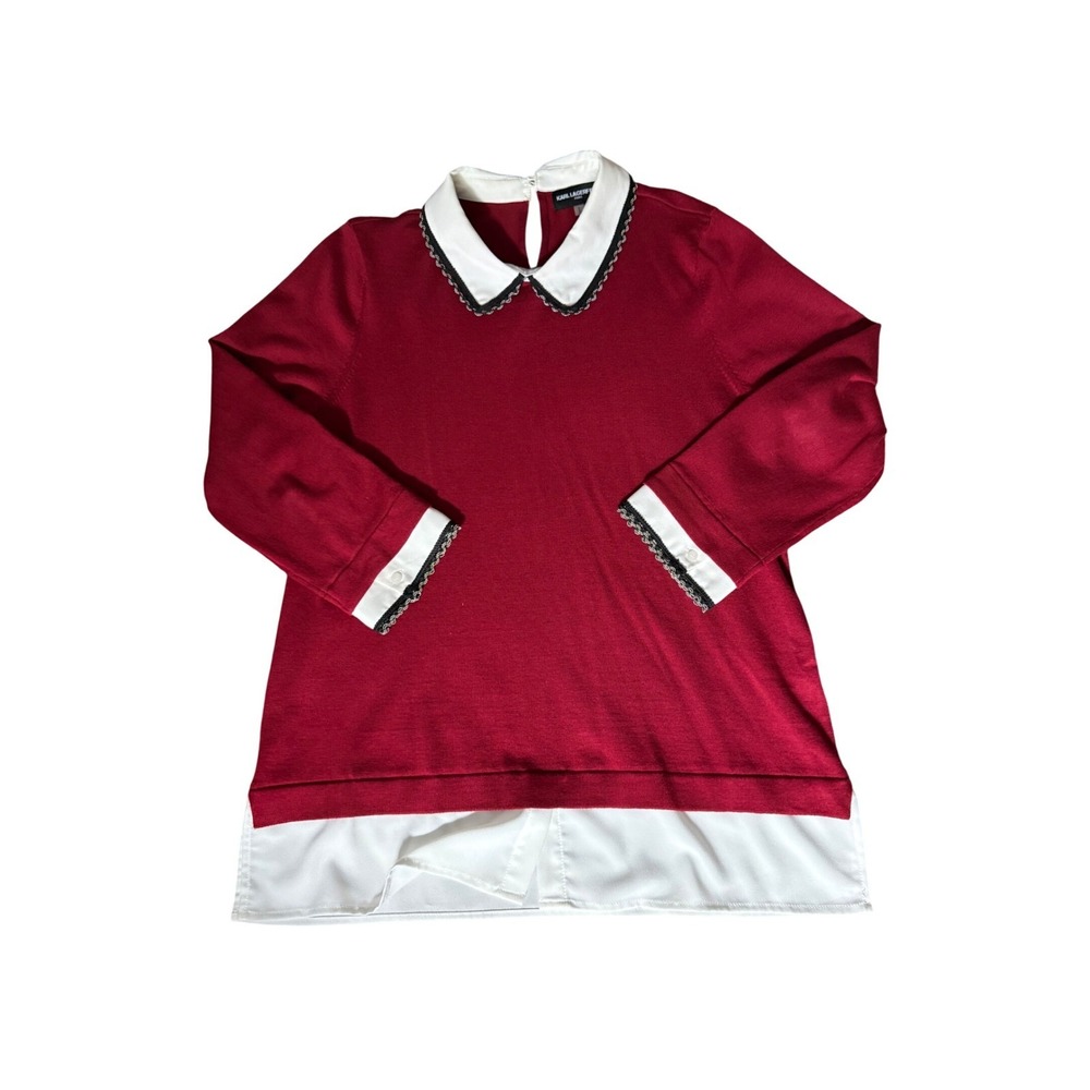 Karl Lagerfeld Paris Layered Sweater Top Preppy Burgundy Red White Womens Medium